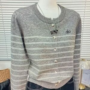 ALO Yoga Women's Gray and White Striped Cardigan
